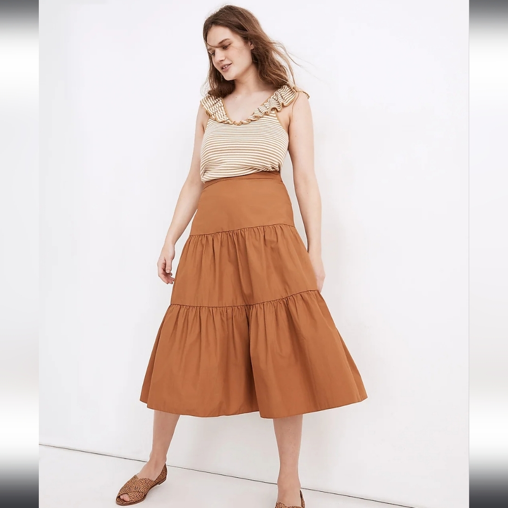 Madewell Poplin Tiered Midi Skirt Camel